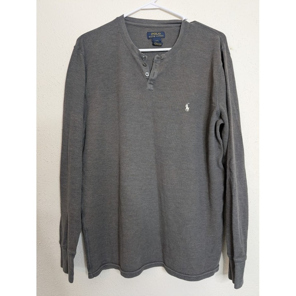 Polo Ralph Lauren Shirt Mens Large Gray Thermal LS Henley‎ Waffle Knit Preppy